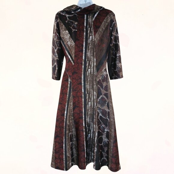 ROBBIE BEE Cowl Neck A-Line Multicolor Lined 3/4 Sleeve Stretch Midi Dress Sz L - Picture 6 of 12
